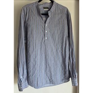 Longchamp Men's Blue Striped Long Sleeve Dress Shirt Made Belgium